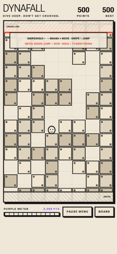 Live DYNAFALL run: the spirit weaving through rising boxes below the crush line